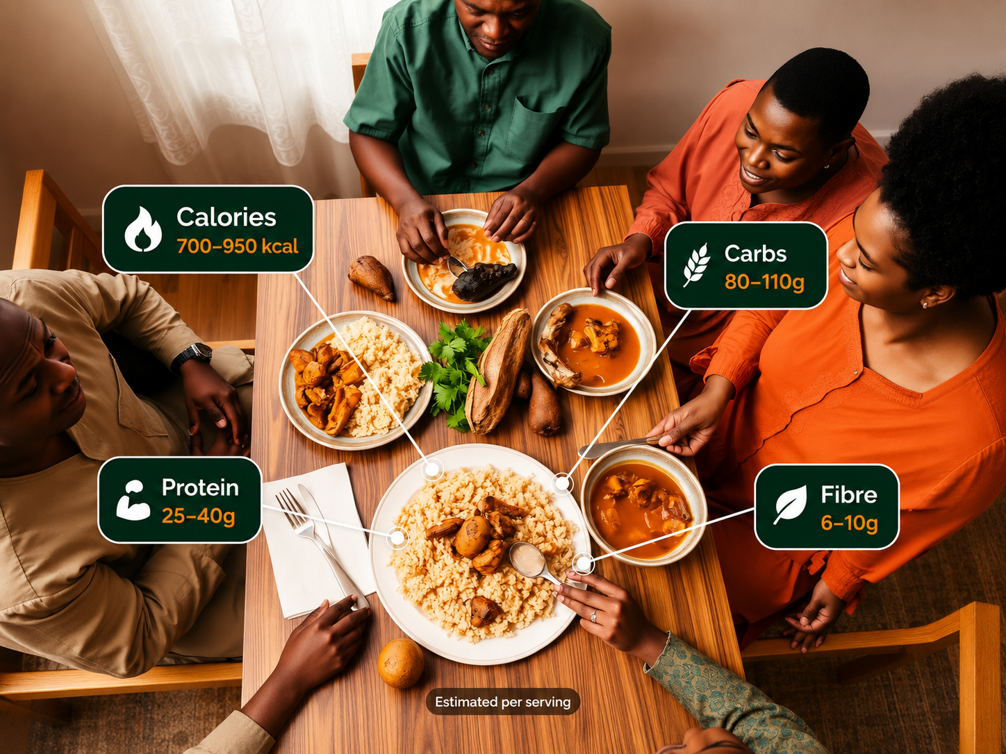 family sharing a meal with calorie, protein, carbohydrate and fibre estimates