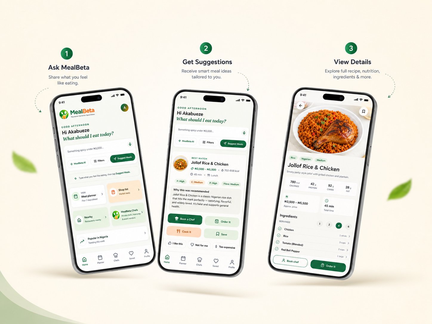 Three MealBeta app screens showing how to ask, get suggestions and view meal details