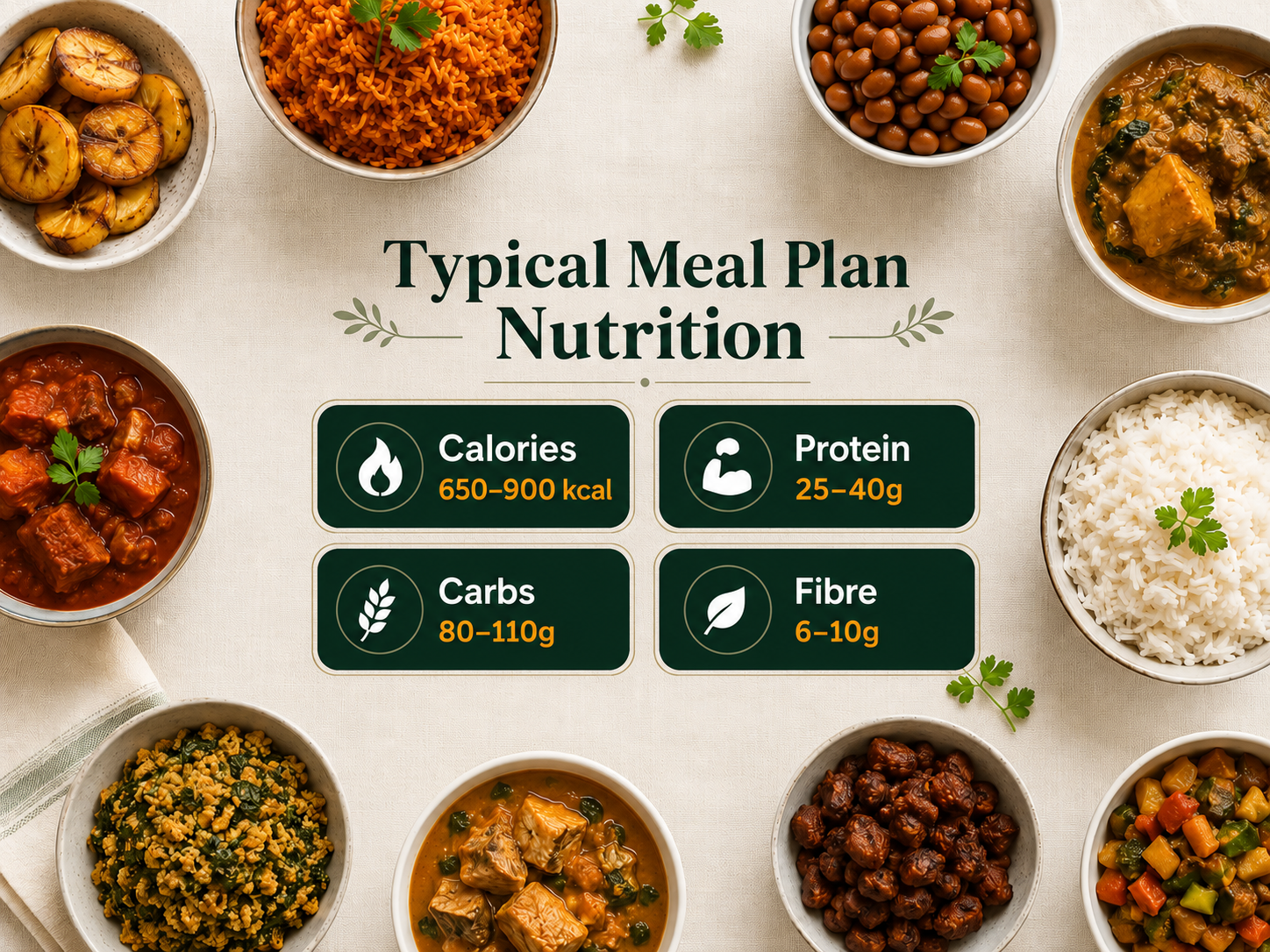 Typical local meal plan nutrition guide with calories, protein, carbs and fibre