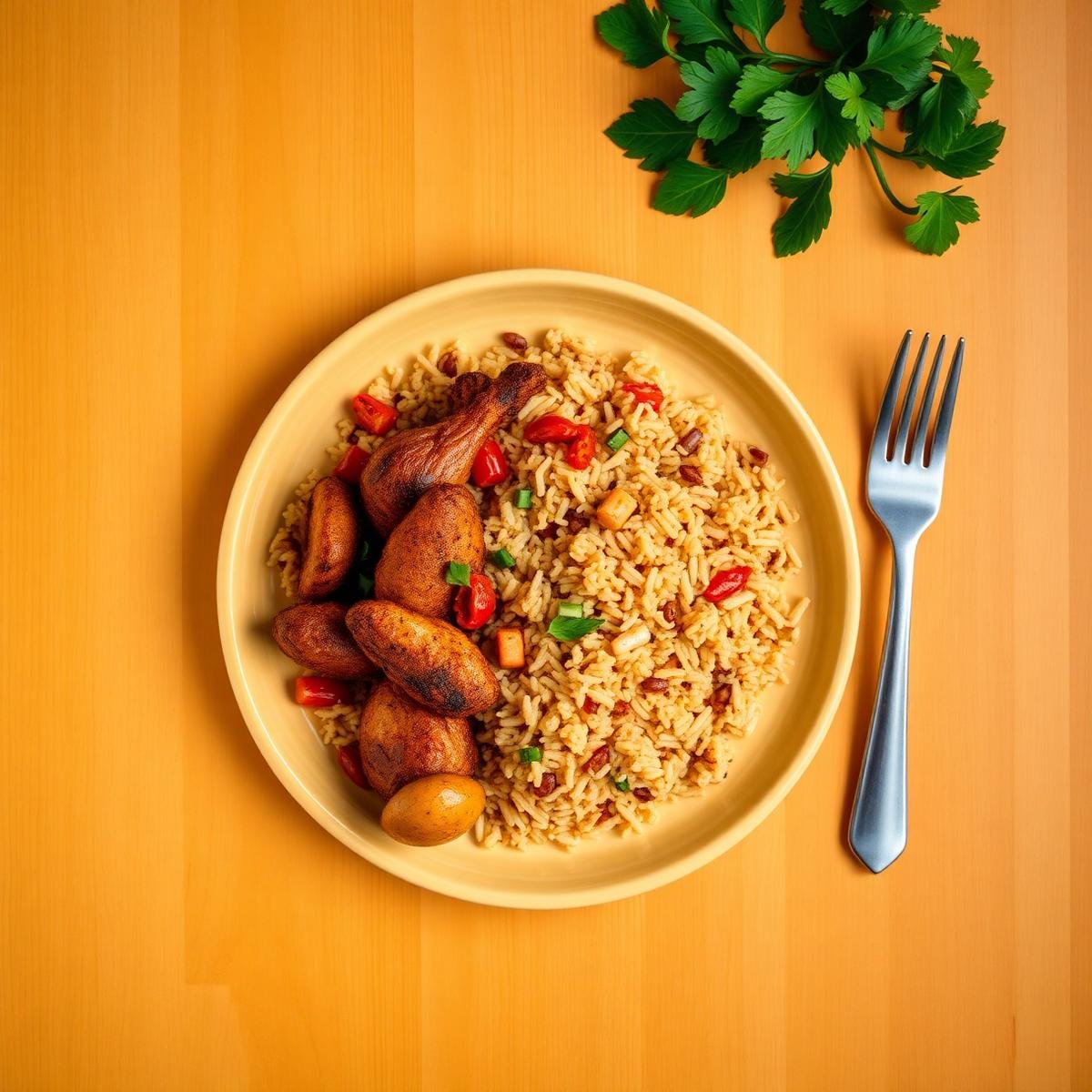 Jollof rice with chicken and plantain
