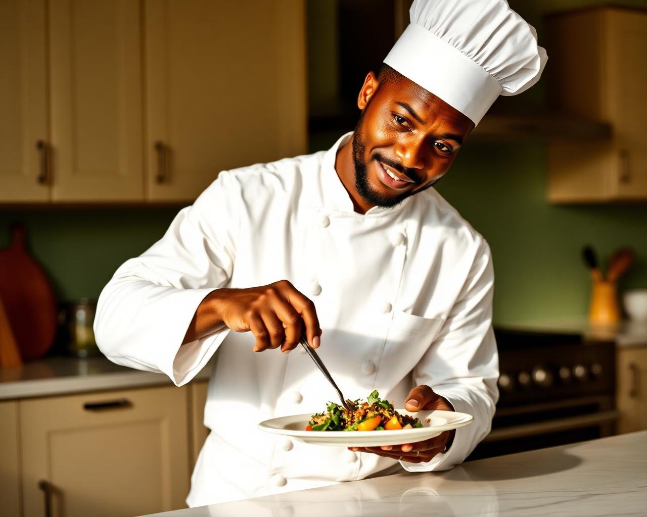 A professional local chef in white uniform plating a dish